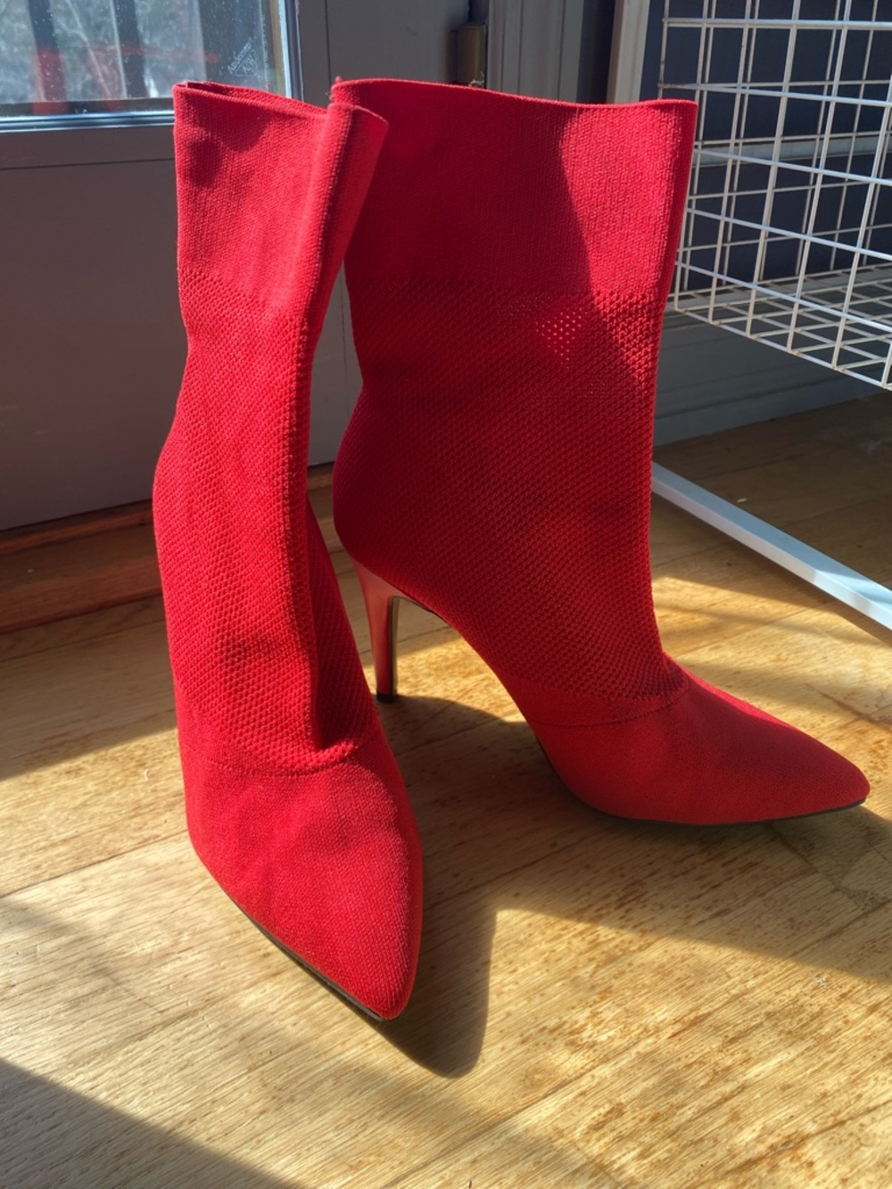 Red Pointed-Toe Knit Stiletto Ankle Boots - Women